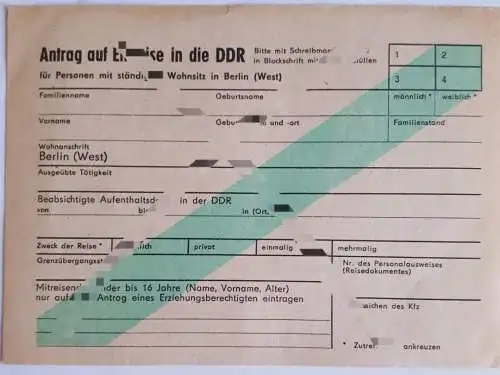 DDR MdI Antrag auf Einreise in die DDR blanko