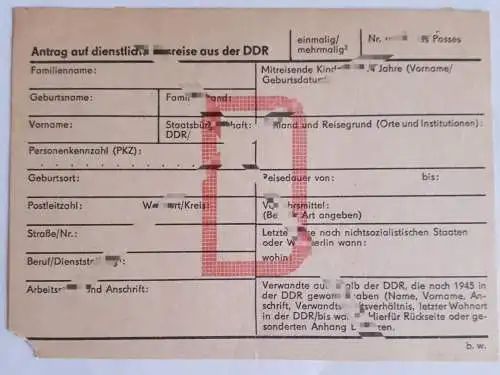 DDR MdI Antrag auf dienstliche Ausreise aus der DDR blanko