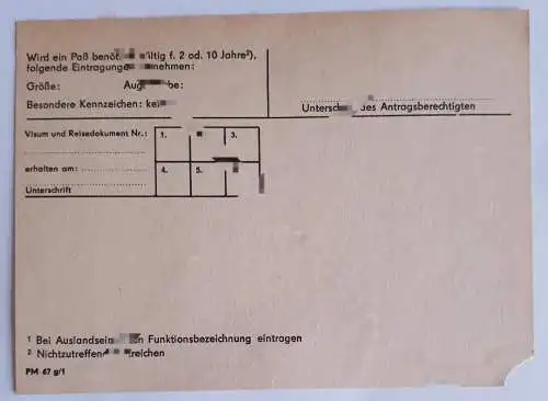 DDR MdI Antrag auf dienstliche Ausreise aus der DDR blanko