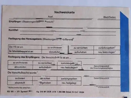 DDR MdI Nachweiskarte blanko