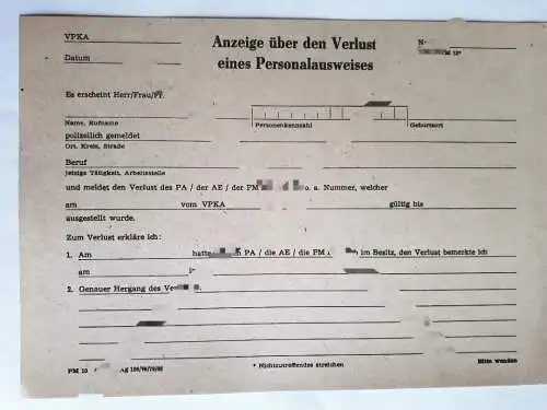 DDR MdI Vordruck Anzeige über den Verlust eines Personalausweises