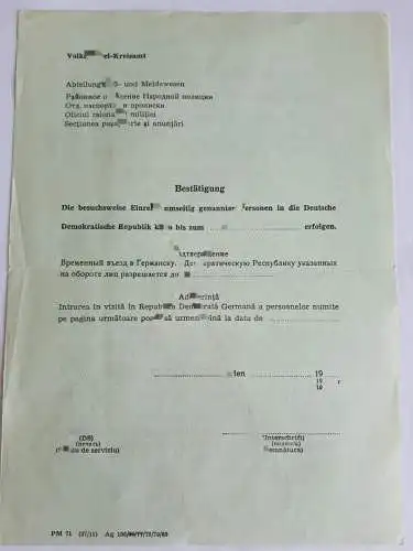 DDR MdI Vordruck Einladung zum besuchsweisen Aufenthalt in der DDR