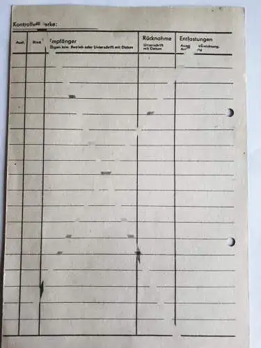 DDR MdI Vordruck VD-Nachweiskarte blanko