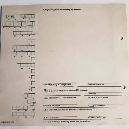 DDR MdI Vordruck Mitteilung Disziplinarstrafe oder Vorkommnis blanko