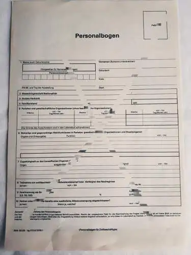 DDR NVA Personalfragebogen für Zivilbeschäftigte blanko