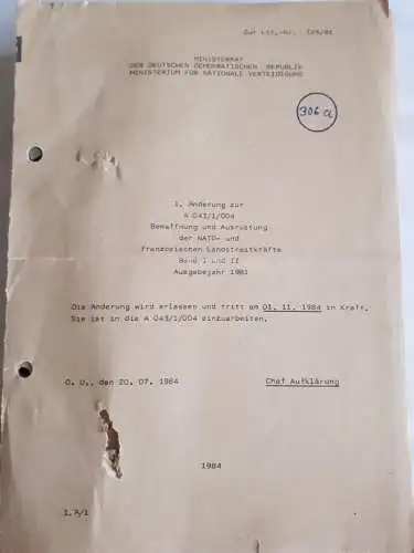 DDR NVA 1.Änderung zur A 043/1/004 Bewaffnung und Ausrüstung der NATO- und französischen Landstreitkräfte