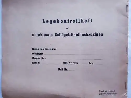 DDR Legekontrollheft für anerkannte Geflügel - Herdbuchzuchten blanko