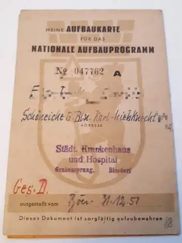 Aufbaukarte Nationales Aufbauprogramm Berlin 1952