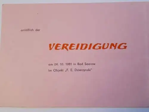 DDR NVA Einladung zur Vereidigung 1981 in Bad Saarow