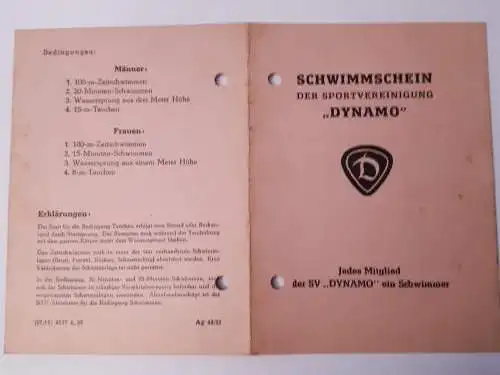 DDR Schwimmschein der SV Dynamo 1955