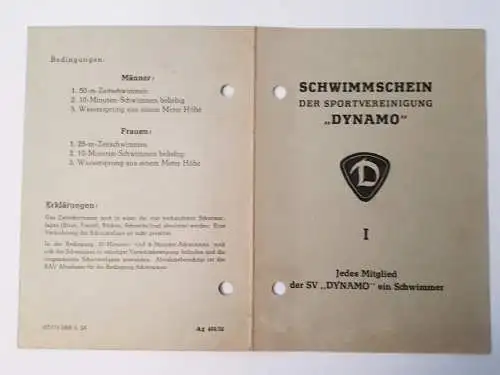 DDR Schwimmschein der SV Dynamo 1957