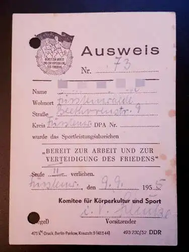 DDR Ausweis für Sportleistungsabzeichen Stufe II 1955