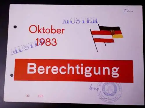 DDR MdI Berechtigungskarte Oktober 1983 MUSTER