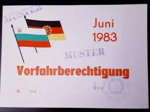 DDR MdI Vorfahrberechtigungskarte Juni 1983 MUSTER