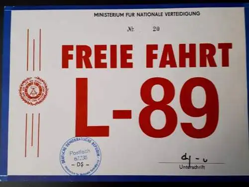 NVA Schein Freie Fahrt L-89 zum Befahren der Objekte des MfNV Berlin und Strausberg