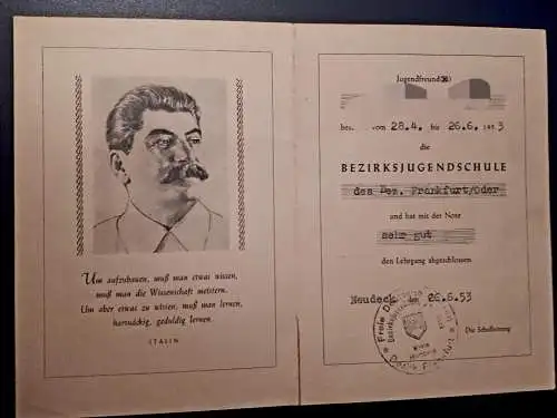 DDR Urkunde über den Besuch der Bezirkssschule der FDJ