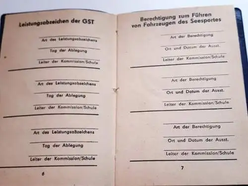 DDR GST Gesellschaft für Sport und Technik Seesport Leistungsbuch blanko