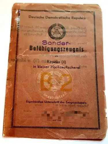 DDR Sonderbefähigungszeugnis als Kapitän (II) in kleiner Hochseefischerei 1957 Rostock