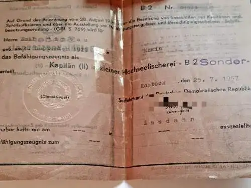 DDR Sonderbefähigungszeugnis als Kapitän (II) in kleiner Hochseefischerei 1957 Rostock