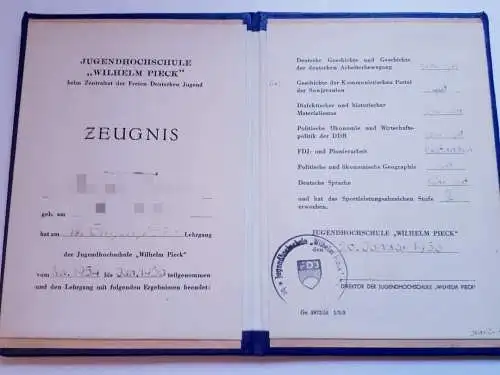 DDR FDJ Zeugnis der Jugendhochschule Wilhelm Pieck 1956