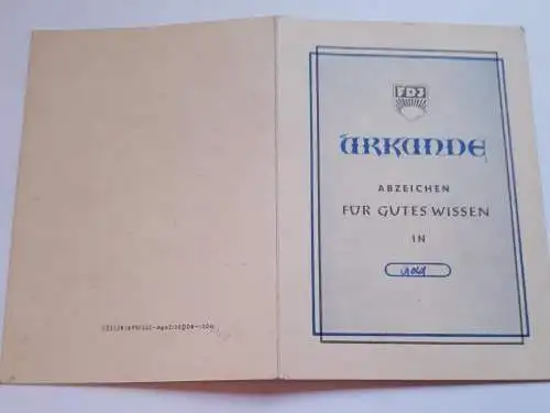 DDR FDJ Urkunde Für gutes Wissen in Gold 1956