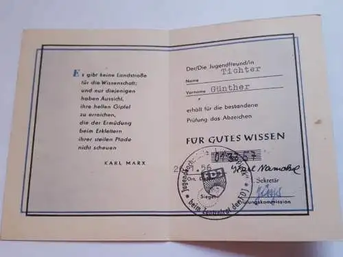 DDR FDJ Urkunde Für gutes Wissen in Gold 1956