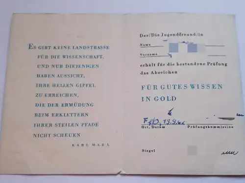 DDR FDJ Urkunde Für gutes Wissen in Gold 1962