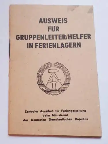 DDR Ausweis für Gruppenleiter und Helfer in Ferienlagern blanko