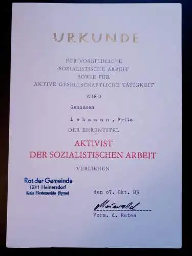 DDR Urkunde Aktivist der sozialistischen Arbeit