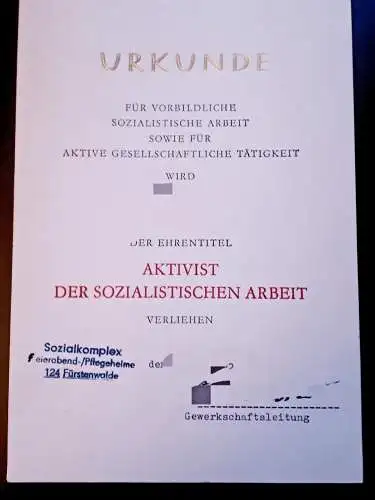 DDR Urkunde Aktivist der sozialistischen Arbeit