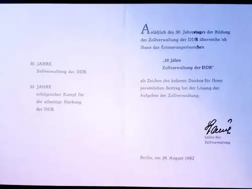 DDR Urkunde Erinnerungsabzeichen 30 Jahre Zollverwaltung der DDR