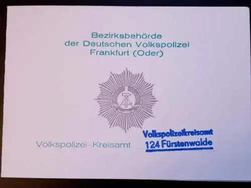 DDR MdI Klappkarte Bezirksbehörde der Deutschen Volkspolizei Frankfurt/Oder