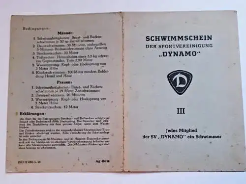 DDR Schwimmschein der SV Dynamo 1956