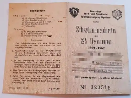 DDR Schwimmschein der SV Dynamo 1959 bis 1962