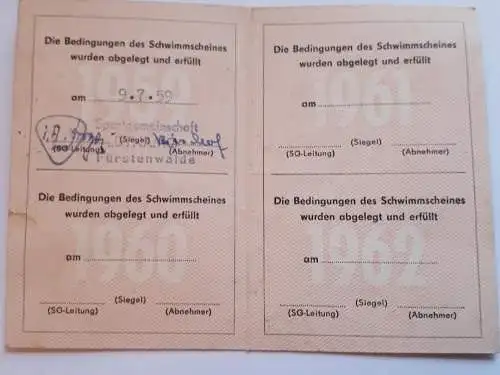 DDR Schwimmschein der SV Dynamo 1959 bis 1962