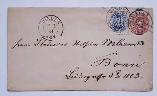 Brief gelaufen Minden - Bonn Preussen 1864