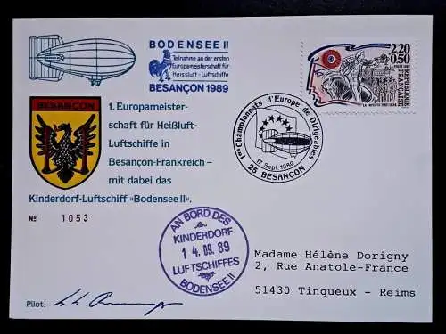 Zeppelinpost Frankreich Luftschiff Bodensee II 1.Europameisterschaft für Heißluft-Luftschiffe in Besancon