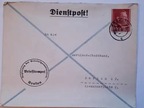 Brief DR Generalgouvernement Dienstpost von Krakau nach Berlin 1942