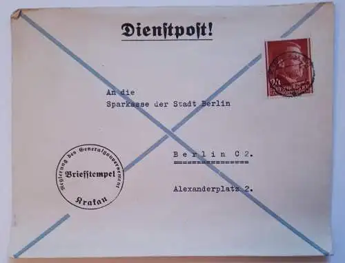 Brief Deutsches Reich Generalgouvernement Dienstpost von Krakau nach Berlin 1942