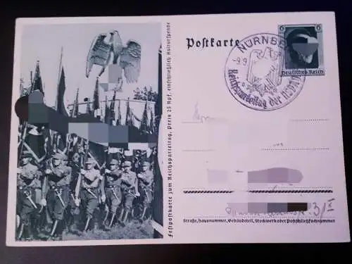 Ganzsache Festpostkarte zum Reichsparteitag der NSDAP mit Sonderstempel Nürnberg - gelaufen -