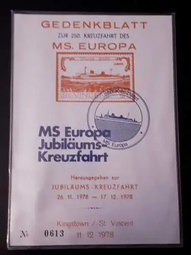 Gedenkblatt zur 250.Kreuzfahrt des MS Europa 1978