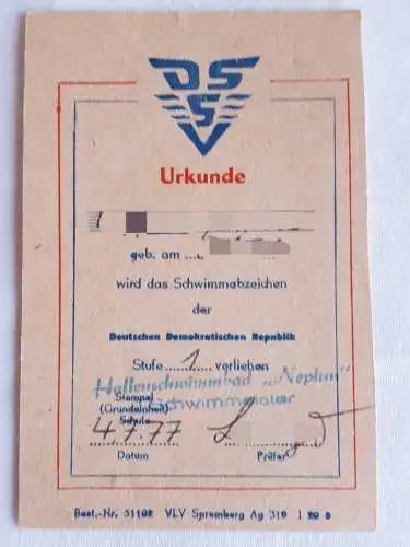 DDR DSSV Urkunde Schwimmabzeichen Stufe I