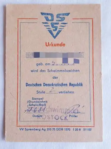 DDR DSSV Urkunde Schwimmabzeichen Stufe II