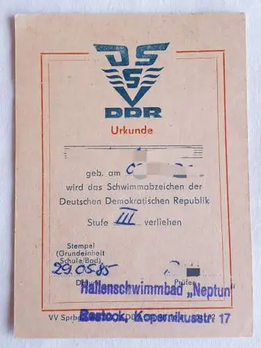 DDR DSSV Urkunde Schwimmabzeichen Stufe III