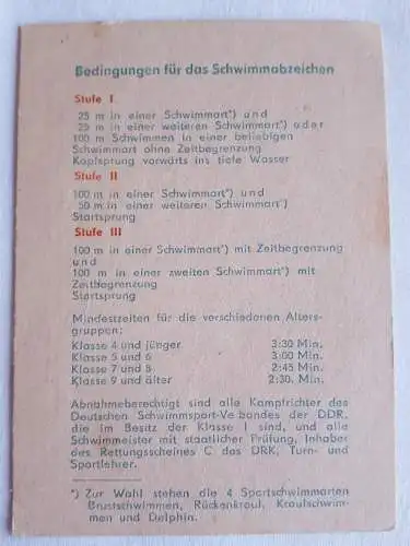 DDR DSSV Urkunde Schwimmabzeichen Stufe III