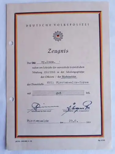DDR MdI VoPo Zeugnis Urkunden von 1953