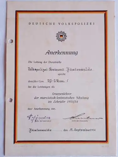 DDR MdI VoPo Zeugnis Urkunden von 1954