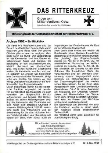 Das Ritterkreuz-Mitteilungsblatt der OG der Ritterkreuzträger e.V. 4-1992