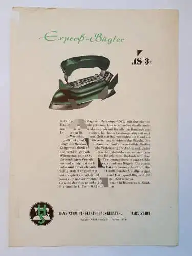 Prospektblatt Expreß Bügler HS 3 Hans Schmidt Karl Marx Stadt