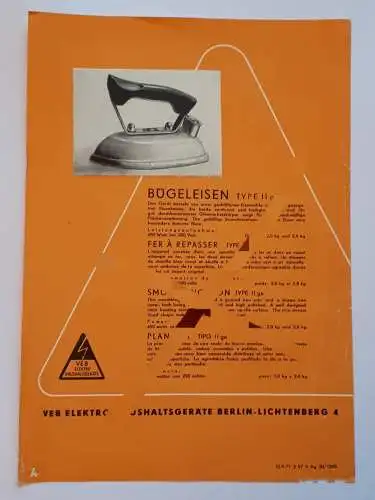 Prospektblatt Bügeleisen Type II ge VEB Elektro-Haushaltsgeräte Berlin Lichtenberg 4